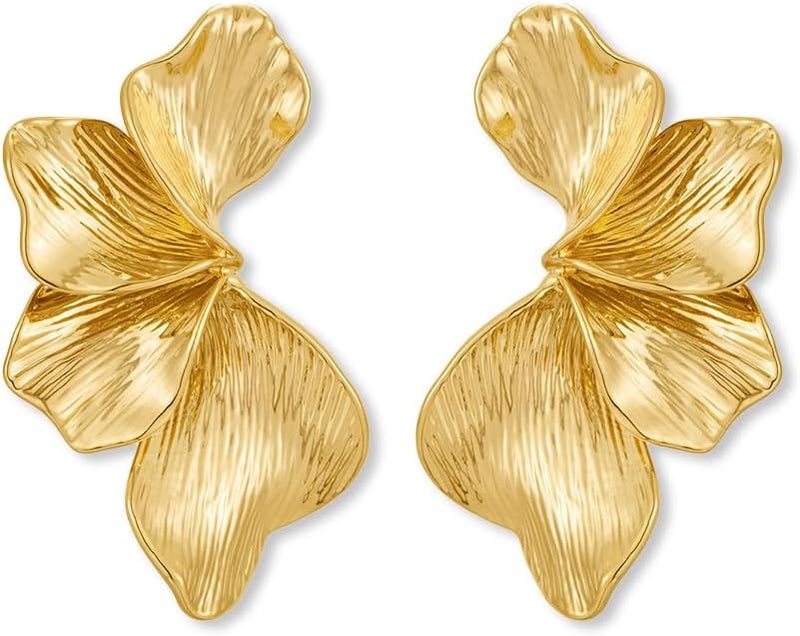 FAUTHENTICUTE Chunky Gold Statement Earrings For Women Gold Plated Sectored Flower Leaf Shell Angel Wing Earrings Large Stud Earrings Hypoallergenic Earrings - Image 1